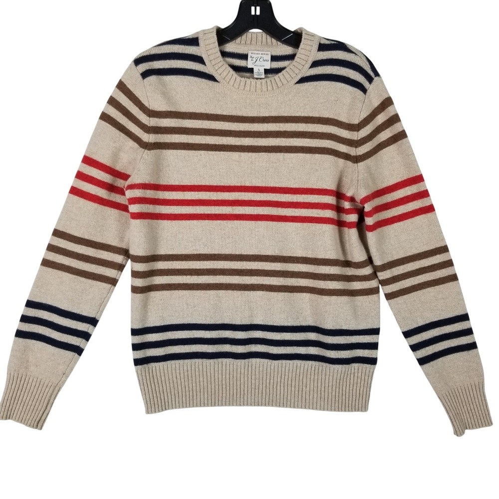 J. Crew Rugged Merino Sweater Mens Small Beige Striped Wool Blend Pullover
